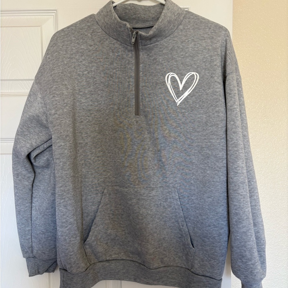 Gray Quarter-Zip Sweatshirt with Heart Design